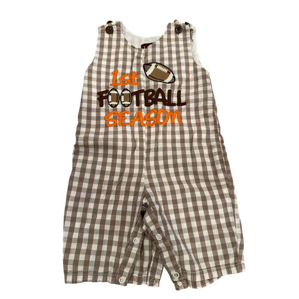 Lil Cactus Baby 1st Football Season Gingham Romper Brown White 3-6M